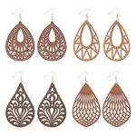 4 Pairs 4 Styles Natural Wood Hollow Out Teardrop Dangle Earrings
