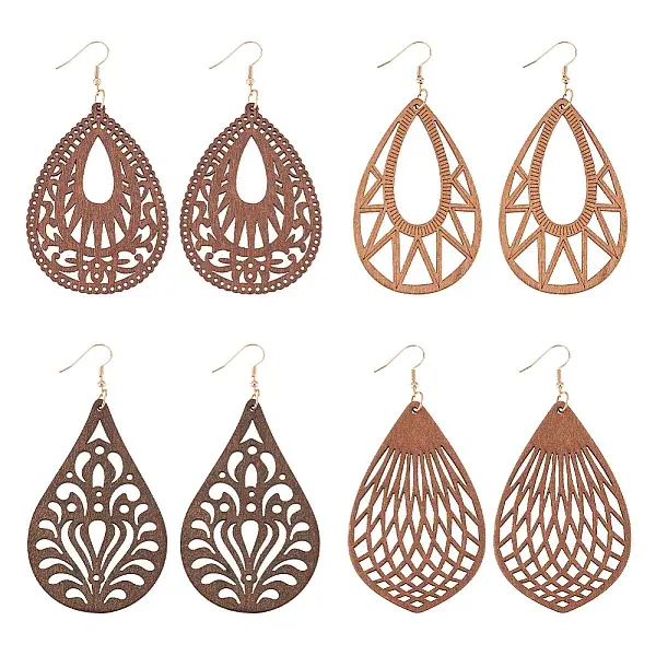4 Pairs 4 Styles Natural Wood Hollow Out Teardrop Dangle Earrings