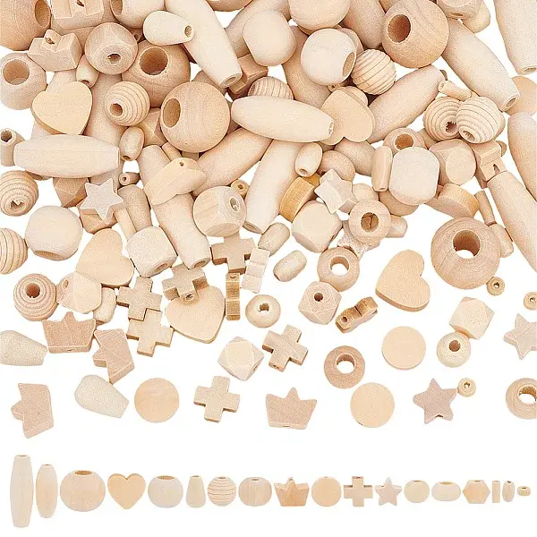 180Pcs 18 Styles Natural Wooden Beads