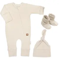 Baby Nellys Rostoucí žebrovaný overálek, čepička a botičky, 3D, Nature
