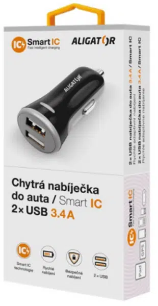 Chytrá nabíječka do auta ALIGATOR 3.4A, 2xUSB, smart IC, černá