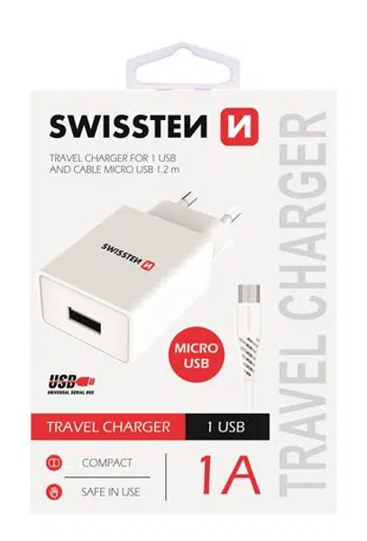 SWISSTEN SÍŤOVÝ ADAPTÉR SMART IC 1x USB 1A POWER + DATOVÝ KABEL USB / MICRO USB 1,2 M, BÍLÁ