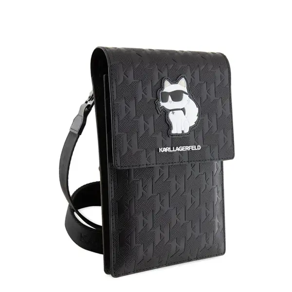 Taška na telefon Karl Lagerfeld Saffiano Monogram Choupette NFT, černá