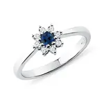 Prsten z bílého zlata s diamanty a safírem KLENOTA