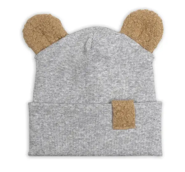 Baby Nellys Dvouvrstvá žebrovaná čepička s oušky boucle medvídek - šedý melír