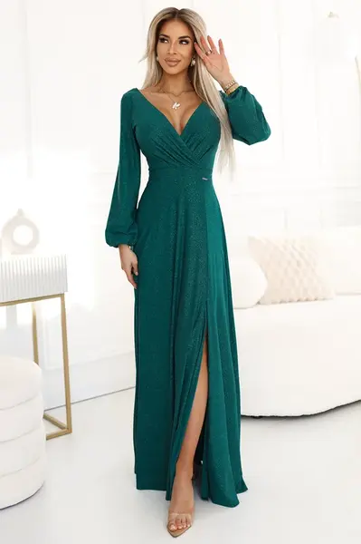 572-4 NELA shiny long dress with neckline, long sleeves and leg slit - green