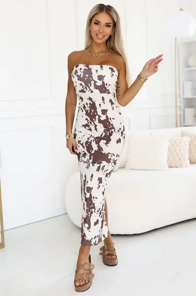 611-1 SAVANNAH strapless fitted dress in brown and white boho pattern