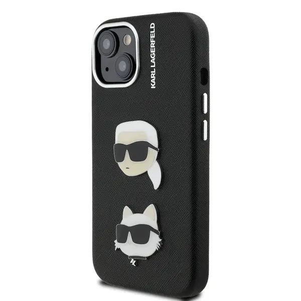 Zadní kryt Karl Lagerfeld Grained PU K&CH Heads pro Apple iPhone 15, černá