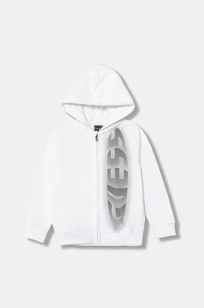 Dětská bavlněná mikina Guess bílá barva, s kapucí, s potiskem, N5YQ08 KAD74