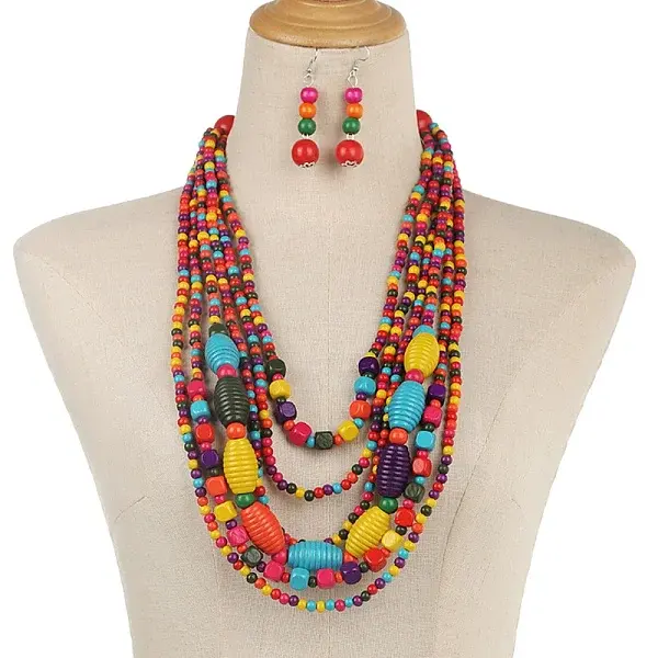 Handmade Wood Beads Multi-Layer Necklaces & Boho Dangle Earrings Set