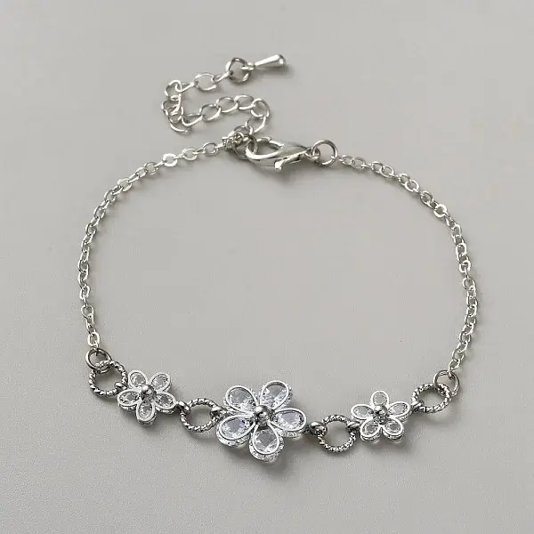 Brass Micro Pave Clear Cubic Zirconia Flower Link Bracelets for Women