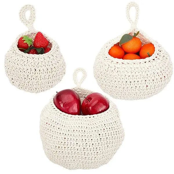 3Pcs 3 Styles Handmade Woven Cotton Fruit Net Hanging Baskets