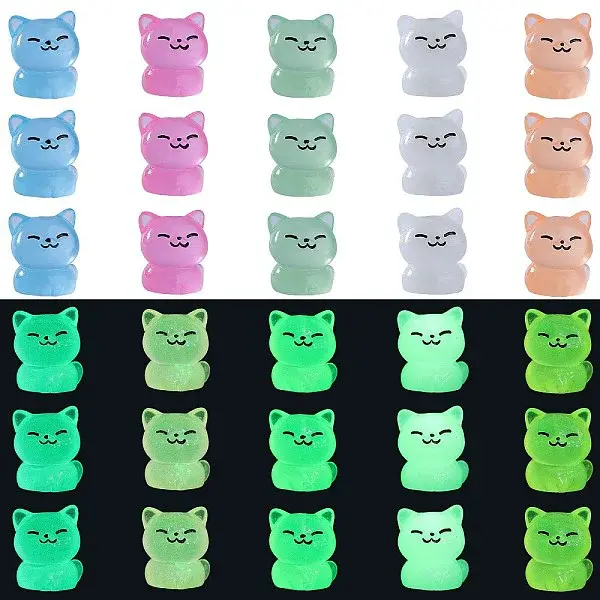 30Pcs 5 Colors Luminous Resin Cute Little Cat Ornaments