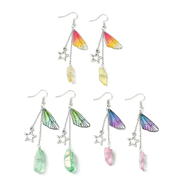 3 Pairs 3 Colors Dyed Natural Quartz Crystal Dangle Earrings