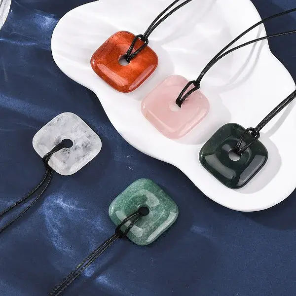 Natural Mixed Gemstone Square Pendants Black PU Leather Cord Necklaces