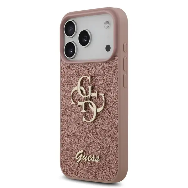 Zadní kryt Guess PU Fixed Glitter 4G Metal Logo pro Apple iPhone 17 Pro, růžová