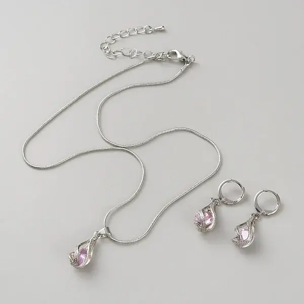 Teardrop Brass & Cubic Zirconia Pendant Necklaces & Hoop Earrings Jewelry Set for Women