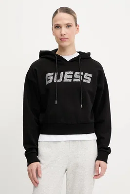 Bavlněná mikina Guess PRIMULA dámská, černá barva, s kapucí, s aplikací, V5GQ09 KCRP0
