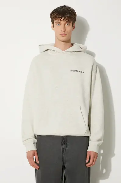 Bavlněná mikina Awake NY Serif Hoodie pánská, šedá barva, s kapucí, melanžová, SP24-HD003