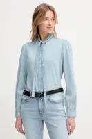 Bavlněná košile United Colors of Benetton dámské, modrá barva, regular, s vázaným výstřihem, 5RZKDQ0BE