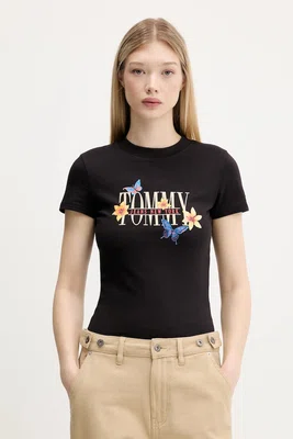 Bavlněné tričko Tommy Jeans dámské, černá barva, DW0DW21340