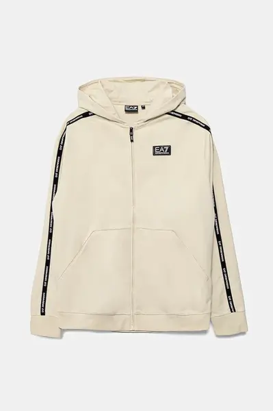 Dětská bavlněná mikina EA7 Emporio Armani béžová barva, s kapucí, s aplikací, 7B000056 AF10380