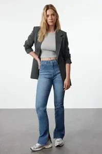 Trendyol Navy Blue More Sustainable Slit High Waist Flare Jeans