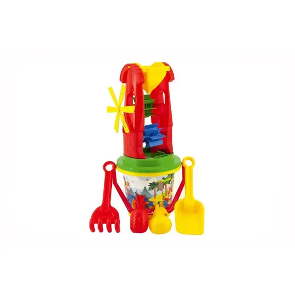 Sada na piesok plast vedierko, mlynček s doplnkami 4 farby v sieťke