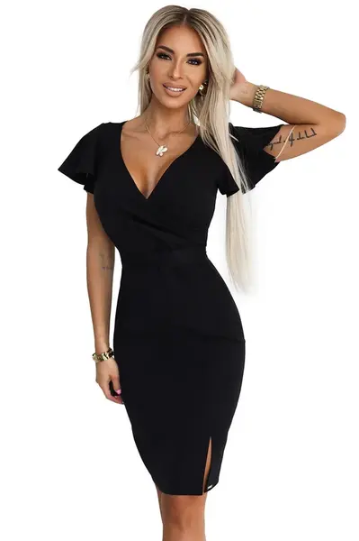 479-9 NINA Elegant dress with crossover neckline, sleeve and belt - BLACK