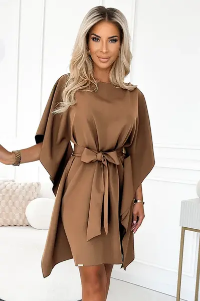 287-39 SOFIA Butterfly dress with a tie waist - cappuccino