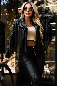 624-3 Short biker jacket with fringes made of soft eco leather - black