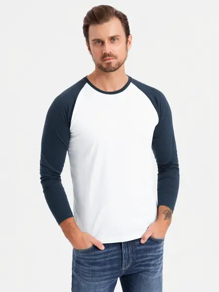 Ombre Men's longsleeve with contrast raglan sleeves - white and navy