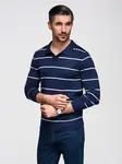 Ombre Men's horizontal striped polo longsleeve with viscose - navy blue and white