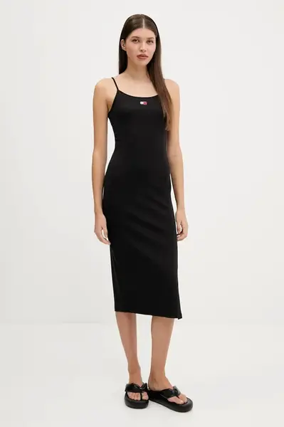 Šaty Tommy Jeans černá barva, midi, přiléhavé, DW0DW21170