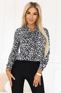 140-28 Business blouse with long sleeves and a tie at the front - black and white pattern