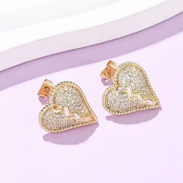 Broken Heart Brass Micro Pave Cubic Zirconia Stud Earrings