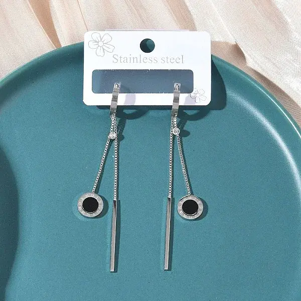 304 Stainless Steel Crystal Rhinestone Flat Round Tassel Hoop Earrings