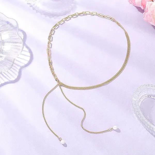 Natural Pearl Round Tassel Brass Twisted Chain Cable Chain Lariat Necklaces