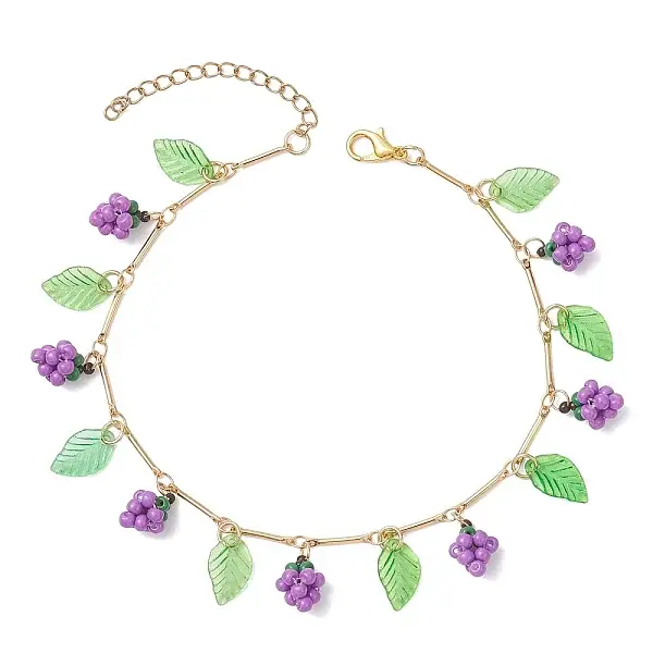 Acrylic Leaf & Glass Seed Beaded Grapes Tassel Brass Bar Link Chain Anklets for Women