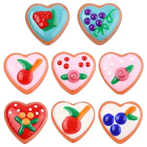 8Pcs 8 Colors Painted Glass Beads Enamel Beads Heart with Fruit