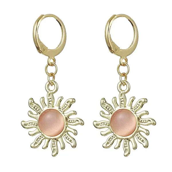 Golden Alloy Sun Shape Dangle Leverback Earrings with Cat Eye