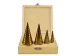 Vrtáky stupňovité, sada 4ks, 4-12mm, 4-20mm, 4-32mm, 4-39mm, dřevěná kazeta, TiN - GEKO