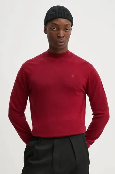Vlněný svetr G-Star pánský, červená barva, lehký, s golfem, D25175-D847