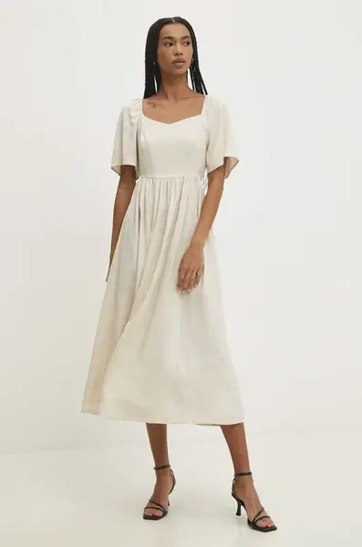 Lněné šaty Answear.LAB béžová barva, midi