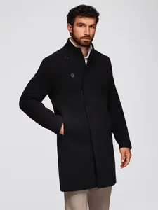 Ombre Men's coat with high collar and asymmetrical fastening - black