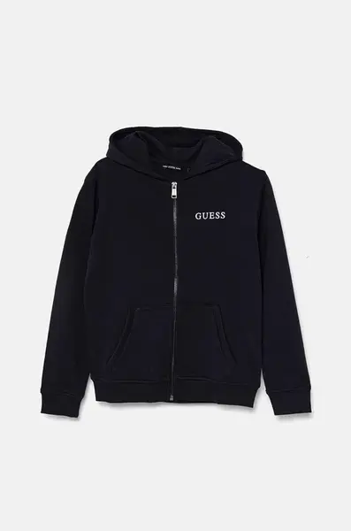 Dětská bavlněná mikina Guess tmavomodrá barva, s kapucí, s potiskem, L4RQ22 KAUG0