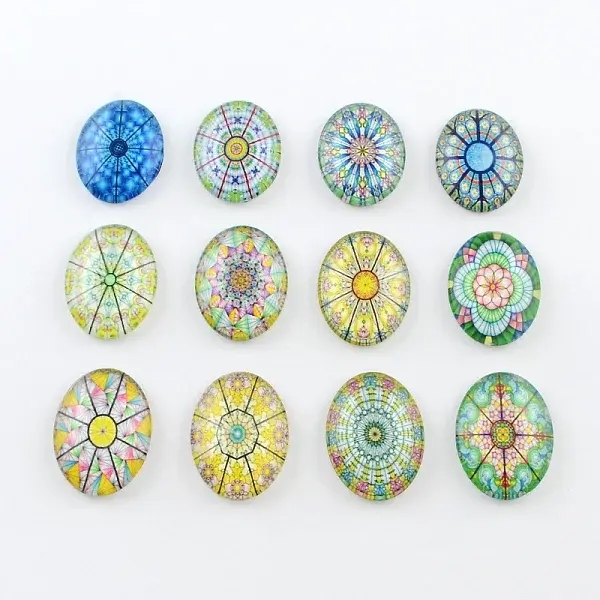 Kaleidoscope Flower Pattern Glass Oval Flatback Cabochons for DIY Projects