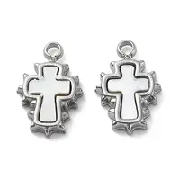 304 Stainless Steel Pave Natural White Shell Cross Charms