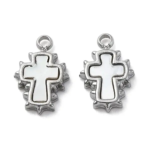 304 Stainless Steel Pave Natural White Shell Cross Charms