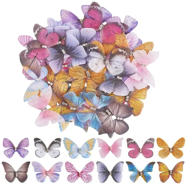 60Pcs 12 Styles 3D Gauze Butterfly Ornament Accessories